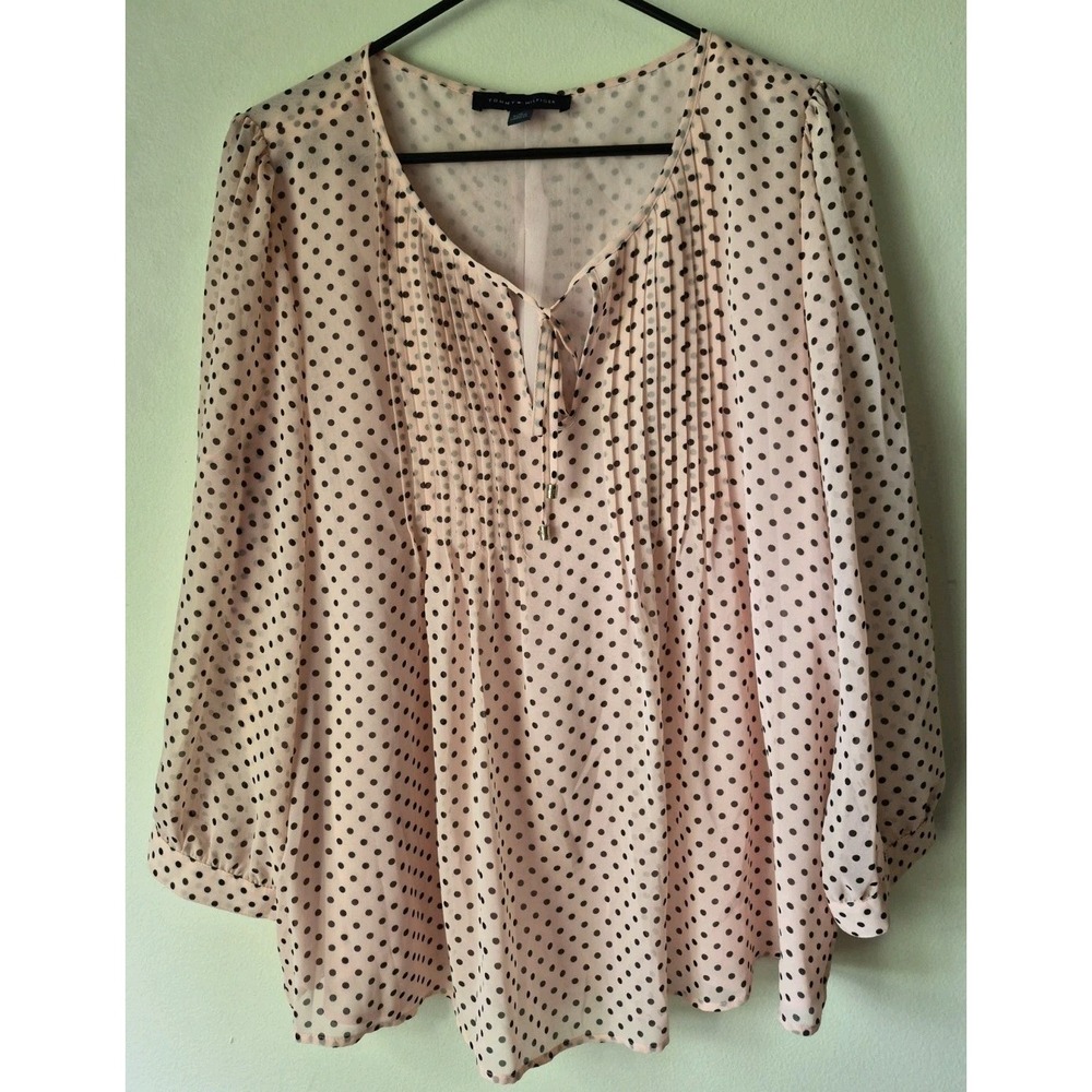 Tommy Hilfiger Pink Polka Dot Long Sleeve Blouse Pintuck Tie-neck Detail Size XL